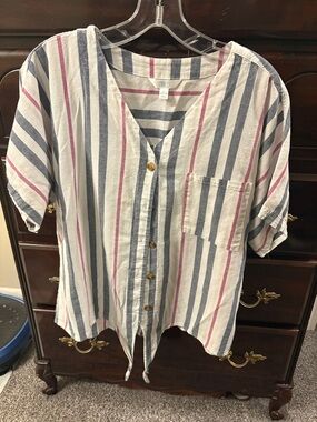 Time and Tru White Blouse with Navy and Pink Stripes